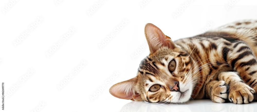 Poster Two Bengal cats are resting on a white background with ample copy space image available.