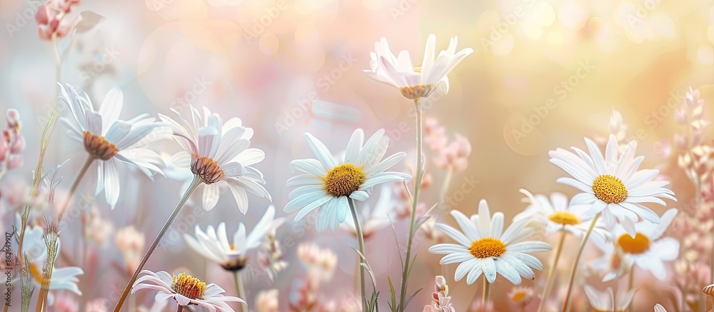 Poster a beautiful arrangement of daisies in a field with a light backdrop, perfect for a copy space image.