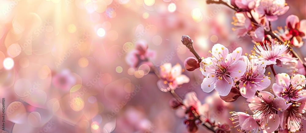 Leinwandbilder plum tree branch in full bloom with blurred background - copy space image.