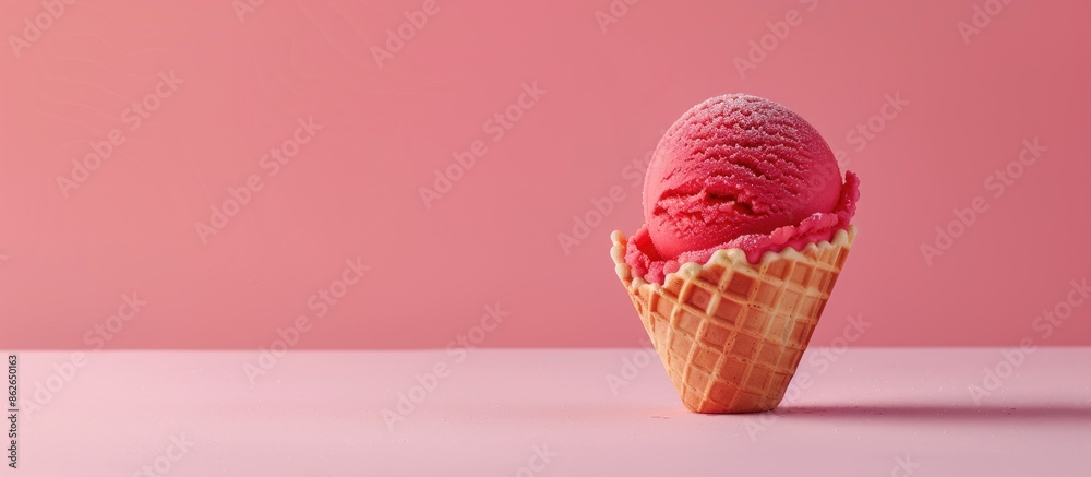 Poster red ice cream in a waffle cup against a pink background with copy space image.