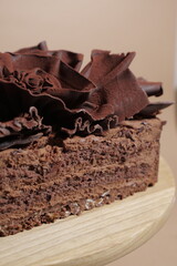 extremely chocolate cake with flower chocolate decor. pastry art. sponge cake and chocolate cream ganache. modern pastry. european dessert. chocolate art