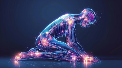 A glowing, digital human figure kneels with their head bowed, suggesting pain or sorrow