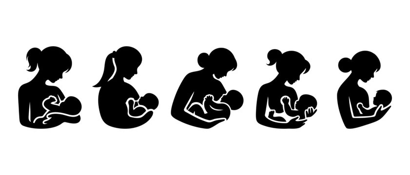 Mom and baby silhouette . Breastfeeding black filled vector Illustration icon. Mother's day vector. Mother holding her little baby. 