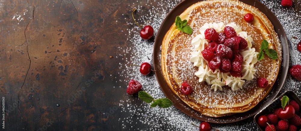 Poster Top view of a delicious dessert menu concept featuring thin pancakes. The image provides ample copy space for text in the background.
