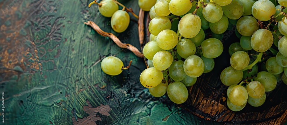 Poster close-up top view of ripe, big, beautiful green grapes with a mix of sweet and sour flavors, making 