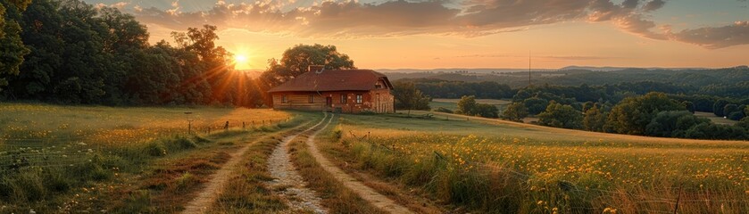 Sunset over a countryside road with a farmhouse and field.