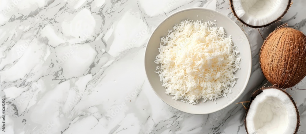Aufkleber white marble background with copy space image featuring coconut halves and freshly grated flakes in 