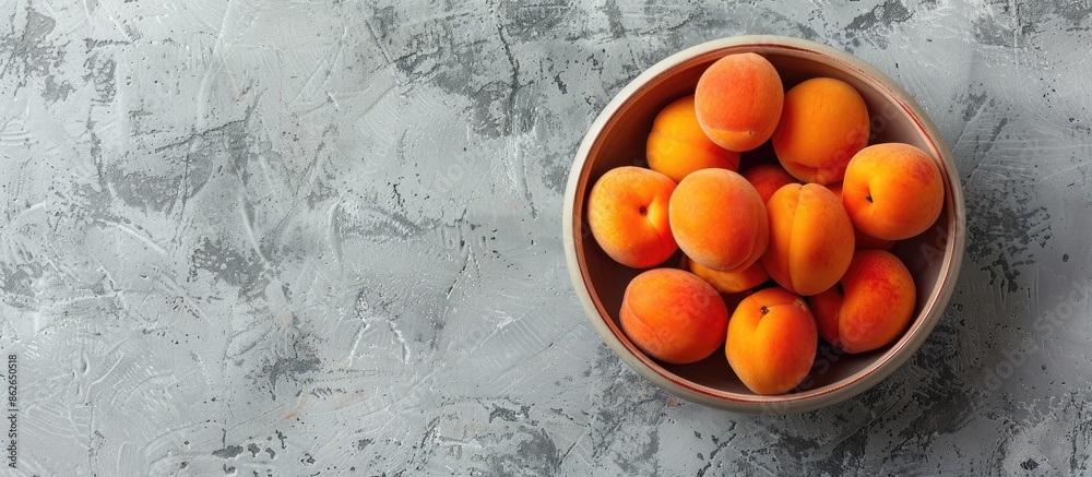 Poster Delicious ripe apricots arranged in a bowl with a light background and space for text or images. Copy space image. Place for adding text and design