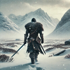 A warrior walking in the snow