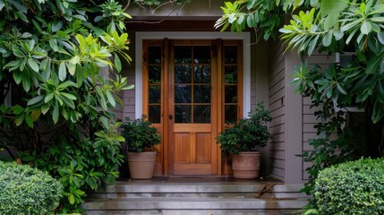 A house with a wooden front door and a large window. The door is open and the window is wide open. The house is surrounded by bushes and plants