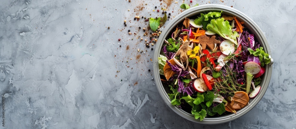 Poster detailed close-up of a kitchen counter compost bin with leftover food scraps, featuring ample copy s