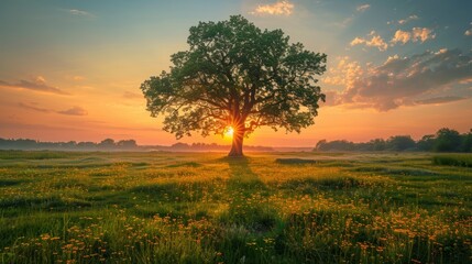 Fototapeta premium A solitary tree stands tall in a field bathed in the golden light of a vibrant sunrise.