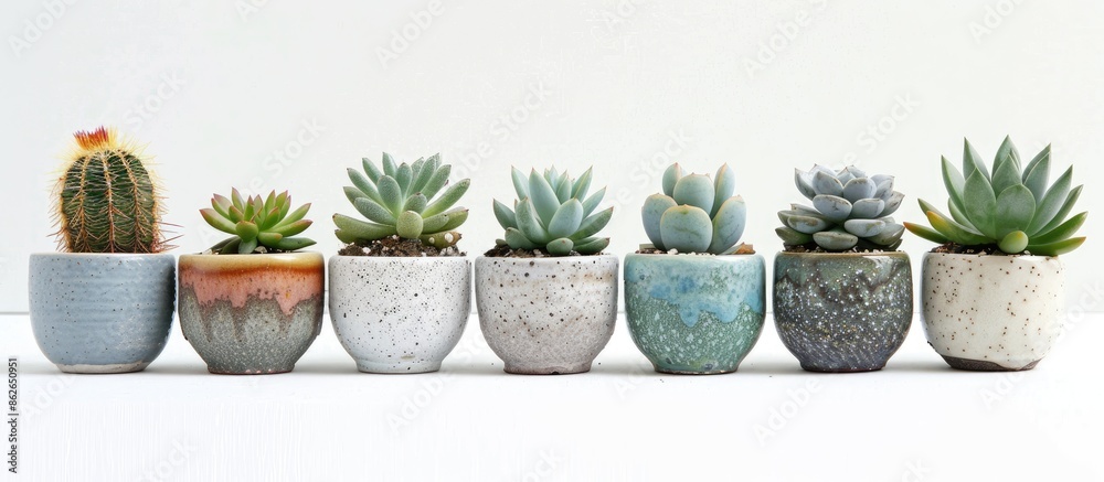 Poster cactus and succulent plants displayed in tiny cups for a home garden setting with room for a copy sp