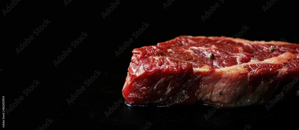 Aufkleber Raw steak on black background, providing views from the side and above with space for text or images. Copy space image. Place for adding text and design