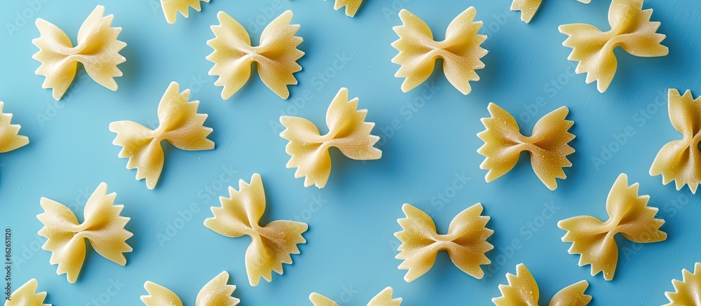 Poster top view of uncooked bowtie pasta with room for text or other elements on a blue backdrop, showcasin