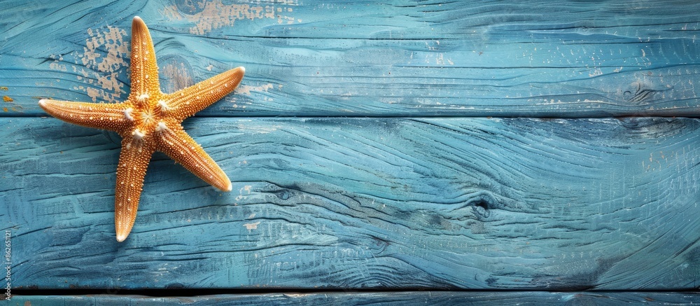 Poster starfish on a blue wooden surface with a blank area for additional images.