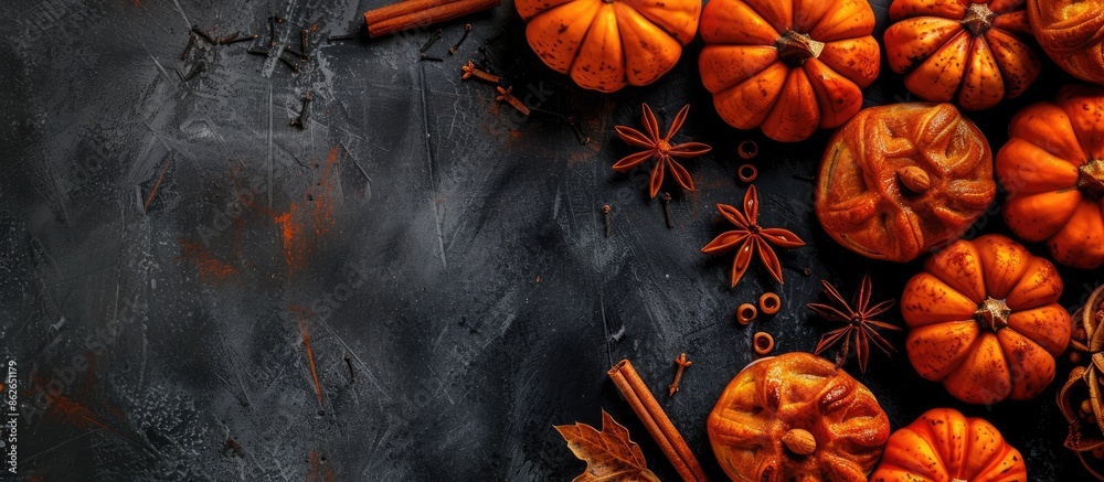 Poster top view of delicious pumpkin-shaped buns and cinnamon on a dark backdrop with room for text, ideal 