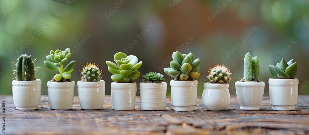 Poster Cactus and succulent plants displayed in tiny cups for a home garden setting with room for a copy space image.