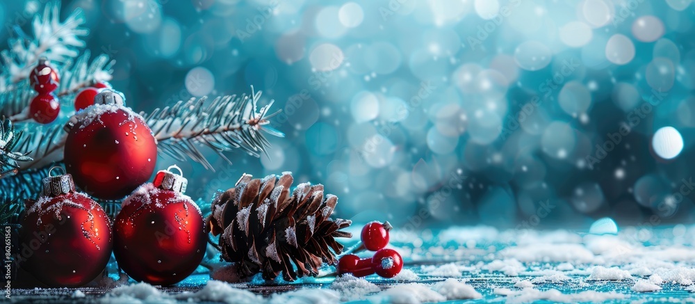 Poster christmas themed banner featuring red ornaments, pine cones, and branches arranged on a snowy wooden
