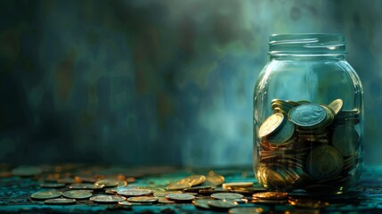 A glass jar filled with coins sits on a table surrounded by scattered coins. The scene is bathed in soft, ethereal light.