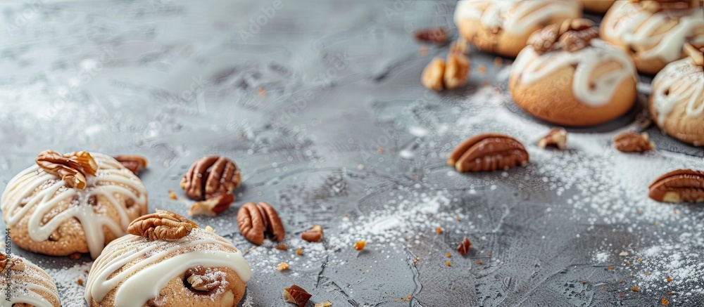 Leinwandbilder Cookies with nuts and white icing on a concrete background, with space for text or graphics. Copy space image. Place for adding text and design