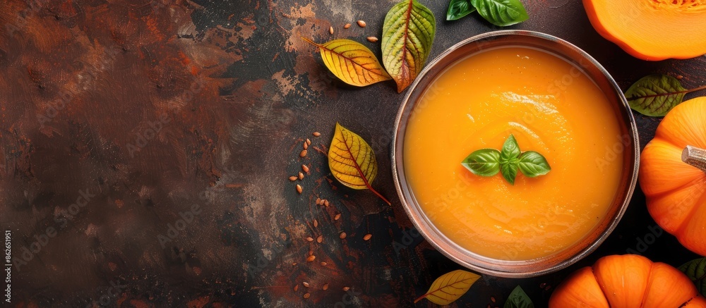 Poster View from above of pumpkin soup placed on a table, with ample copy space visible in the image.