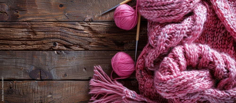 Poster Horizontal image featuring a knitted item with needles and a pink yarn skein on a wooden backdrop, offering copy space.