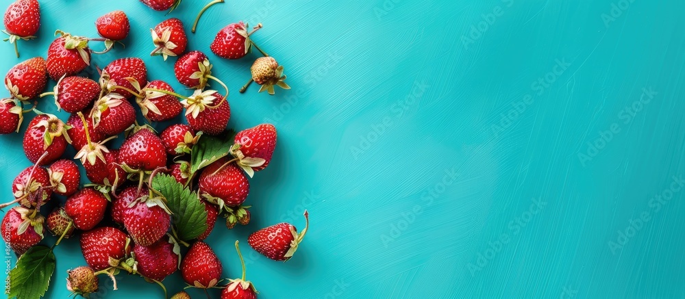 Poster fresh wild strawberries on a vibrant turquoise background with copy space image.