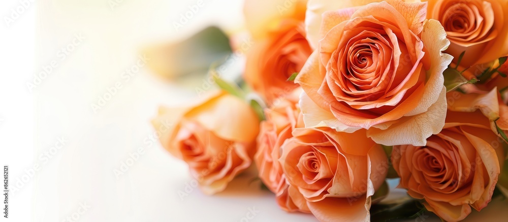 Poster roses in orange color on a white backdrop with copy space image available.