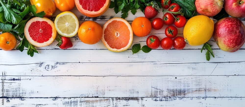 Poster fresh fruits and vegetables displayed on a white wooden surface with ample copy space image for your