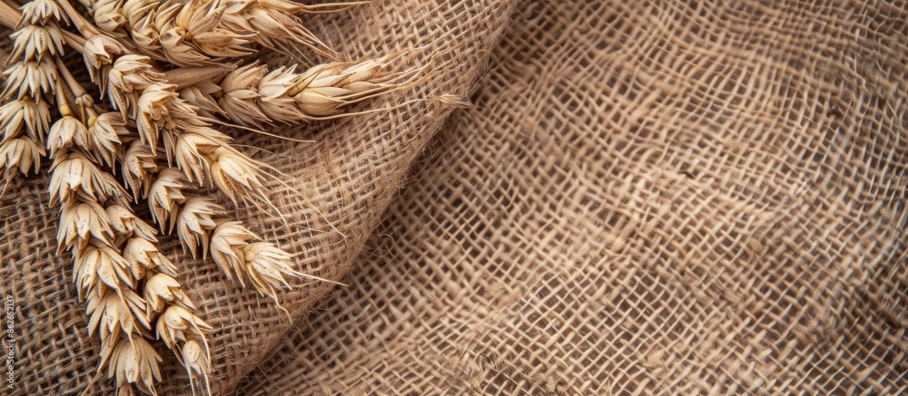 Poster burlap background with wheat ears, ideal for copy space image.