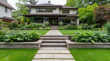 A large house with a large yard and a stone walkway leading up to the front door. The yard is filled with plants and flowers, giving it a lush and inviting appearance