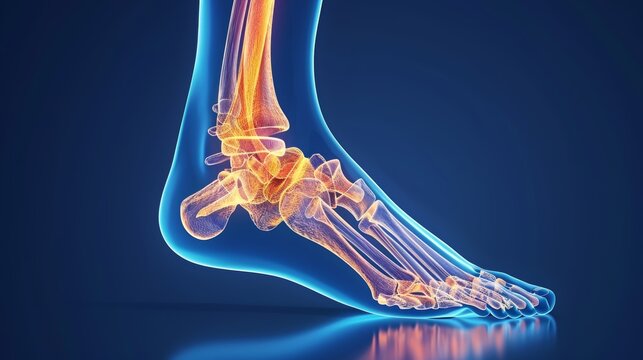 A detailed 3D illustration of the human ankle and foot bones, highlighting the joint structure and bone anatomy.