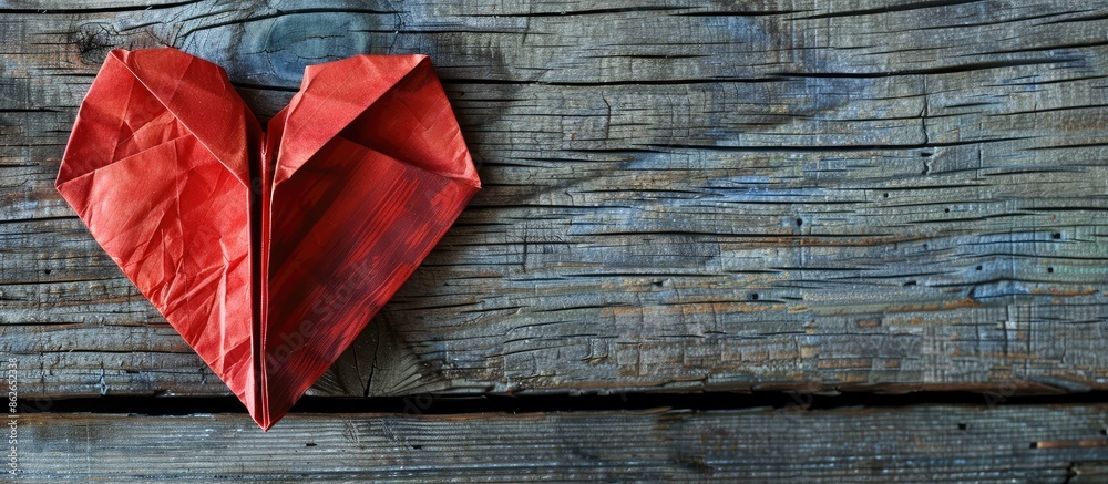 Poster origami heart made of red paper on wooden backdrop with copy space image.