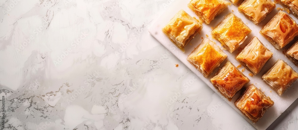 Poster Sweet baklava displayed on a light grey marble surface from a top-down perspective, with room for text in the image. Copy space image. Place for adding text and design