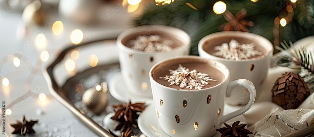 Poster horizontal image with white glasses filled with hot chocolate on a tray decorated for new year's, of