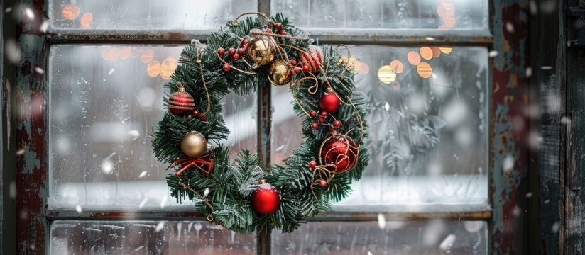 Festive Christmas wreath on a clear door with metal detail featuring ornaments, surrounded by fir branches, against a copy space image.