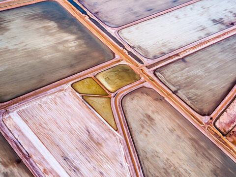 Aerial view of colorful salt pans and water in Useless Loop, Shark Bay, Australia.