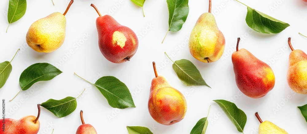 Poster ripe red and yellow pears with leaves isolated on a white background, providing copy space in a top-