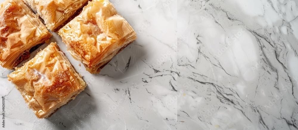 Poster Sweet baklava displayed on a light grey marble surface from a top-down perspective, with room for text in the image. Copy space image. Place for adding text and design