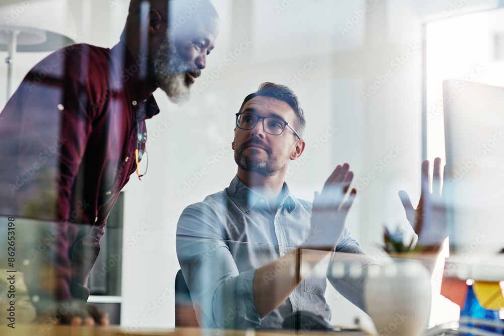 Poster Business people, manager and collaboration on computer for advice, feedback or problem solving at tech company. Mature man and programmer explaining software for workflow solution, choice or decision
