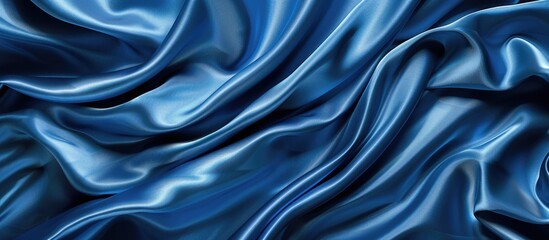 Fototapeta premium Luxurious blue satin silk fabric with elegant waves, creating a classic and smooth background design with copy space image.