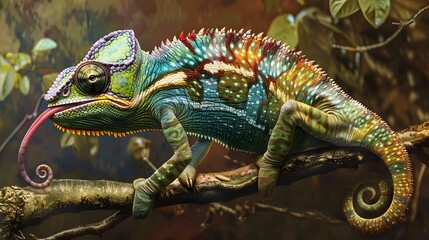 Fototapeta premium Cheerful chameleon tree branch cartoon illustration isolated image animal character. 