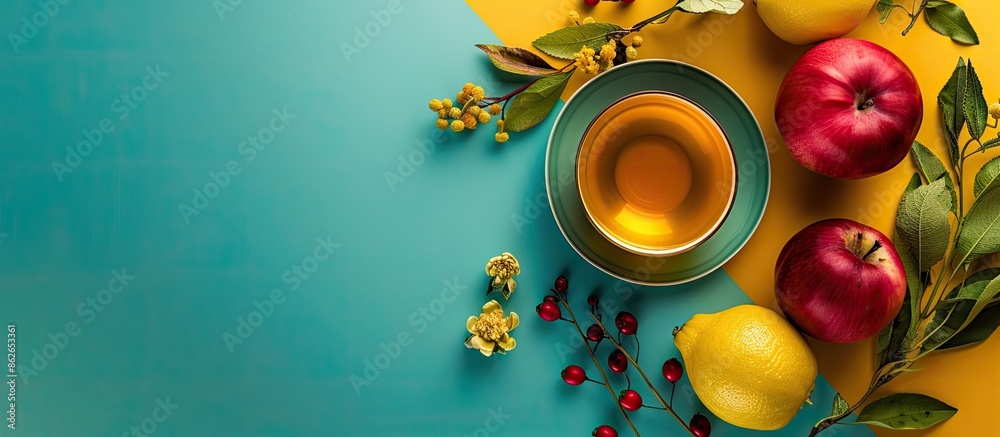 Aufkleber Top view of Jewish Rosh Hashanah symbols on a colored background, creating a festive flat lay with copy space image for the traditional New Year holiday concept.