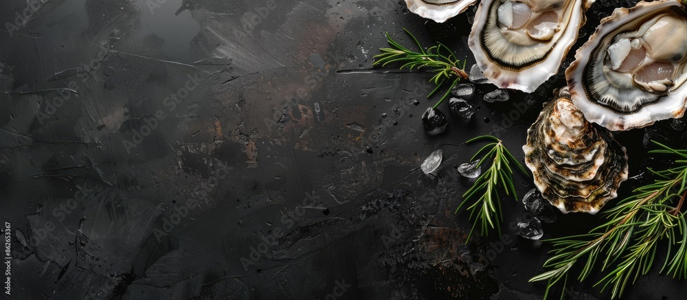 Poster top view of fresh oysters on a black background with free copy space image.