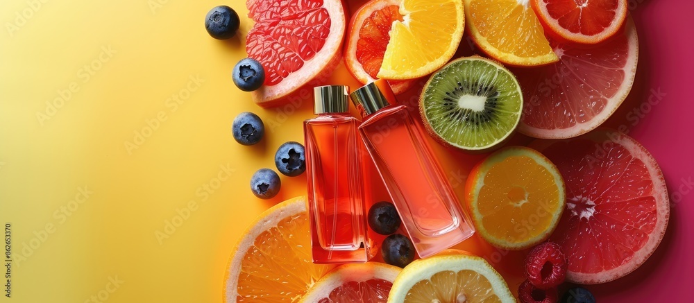 Poster Fruit perfume bottles displayed on a colorful background with copy space image.