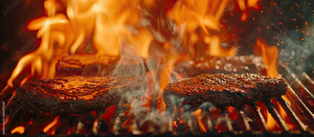Poster copy space image of a flaming grill searing herb and spice-coated steaks with selective focus.