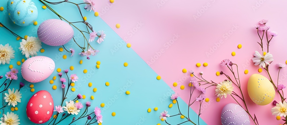 Leinwandbilder Easter decorations arranged on a colorful background with Easter eggs in a flat lay top view for a banner with copy space image.