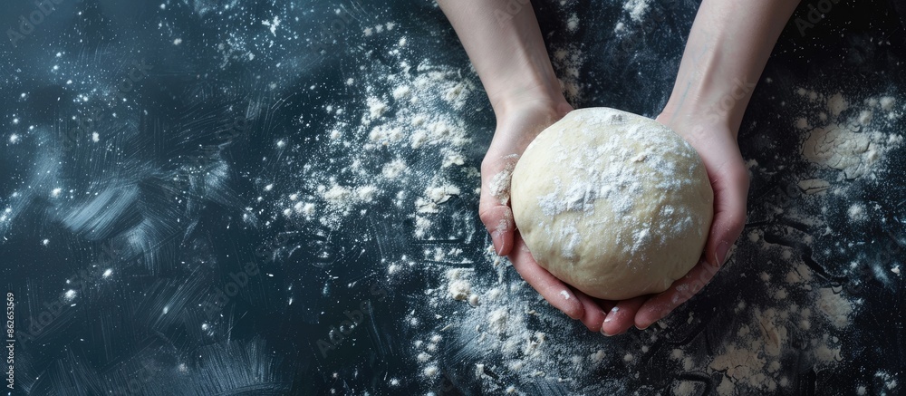 Poster Close-up image showing dough being held by hands, perfect for baking, with space for text. Copy space image. Place for adding text and design