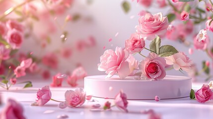 Pink Roses on a Circular Pedestal with Falling Petals
